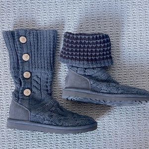 UGG Gray Knit Winter Boots with Button Detail